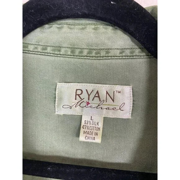 Ryan Michael Men Silk Blend Green Button Up Shirt Size Large Long Sleeve Western - Picture 3 of 16